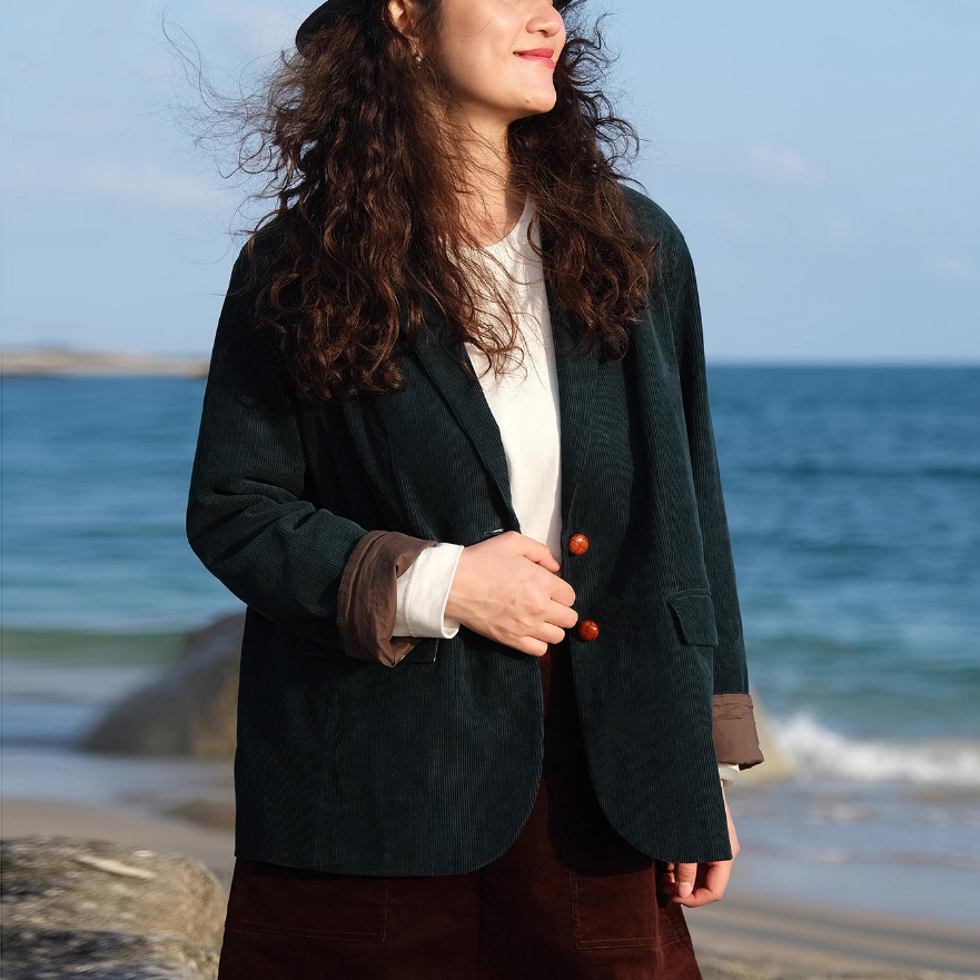2025 Autumn and Winter Pure Cotton Corduroy Casual Suit Tops Easiest for Match Long Sleeve Retro Contrast Color Manor Green Top