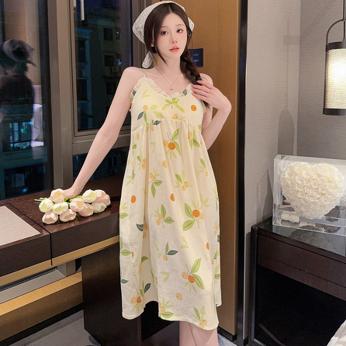 Verano con almohadilla de pecho pijama largo mediano pijama mujer nubes de algodón dulce lindo estudiante vestido de ropa casera casual