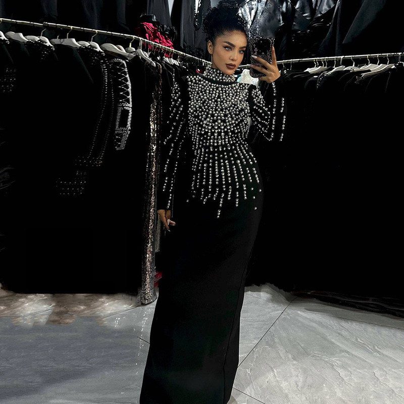 European and American Sexy Backless Rhinestone Beaded Long-Sleeve Bandage Dress for Prom, Evening Party, Elegant Gown European and American Sexy Backless Rhinestone Beaded Long-Sleeve Bandage Dress for Prom, Evening Party, Elegant Gown