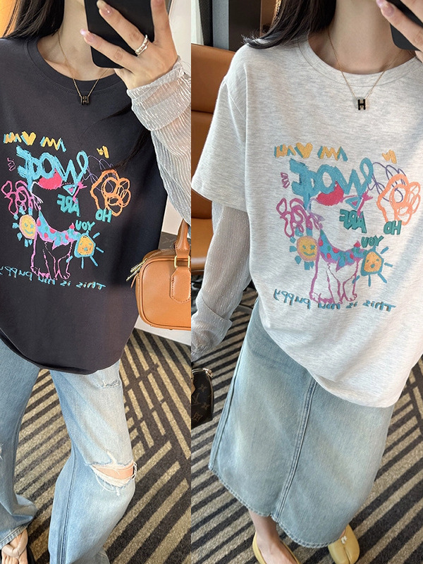 ストリート神Tシャツ～！ファッショナブルな偽ツーピースブライトシルクTシャツ女性の夏の落書きルーズラウンドネック日焼け止め長袖トップ|undefined