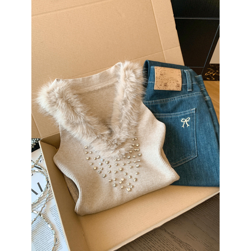 Real Shot of the Ancient Style Fur Collar Camisole Autumn and Winter Inner Wear Elegant Slim Short Pure Lust Sexy Top