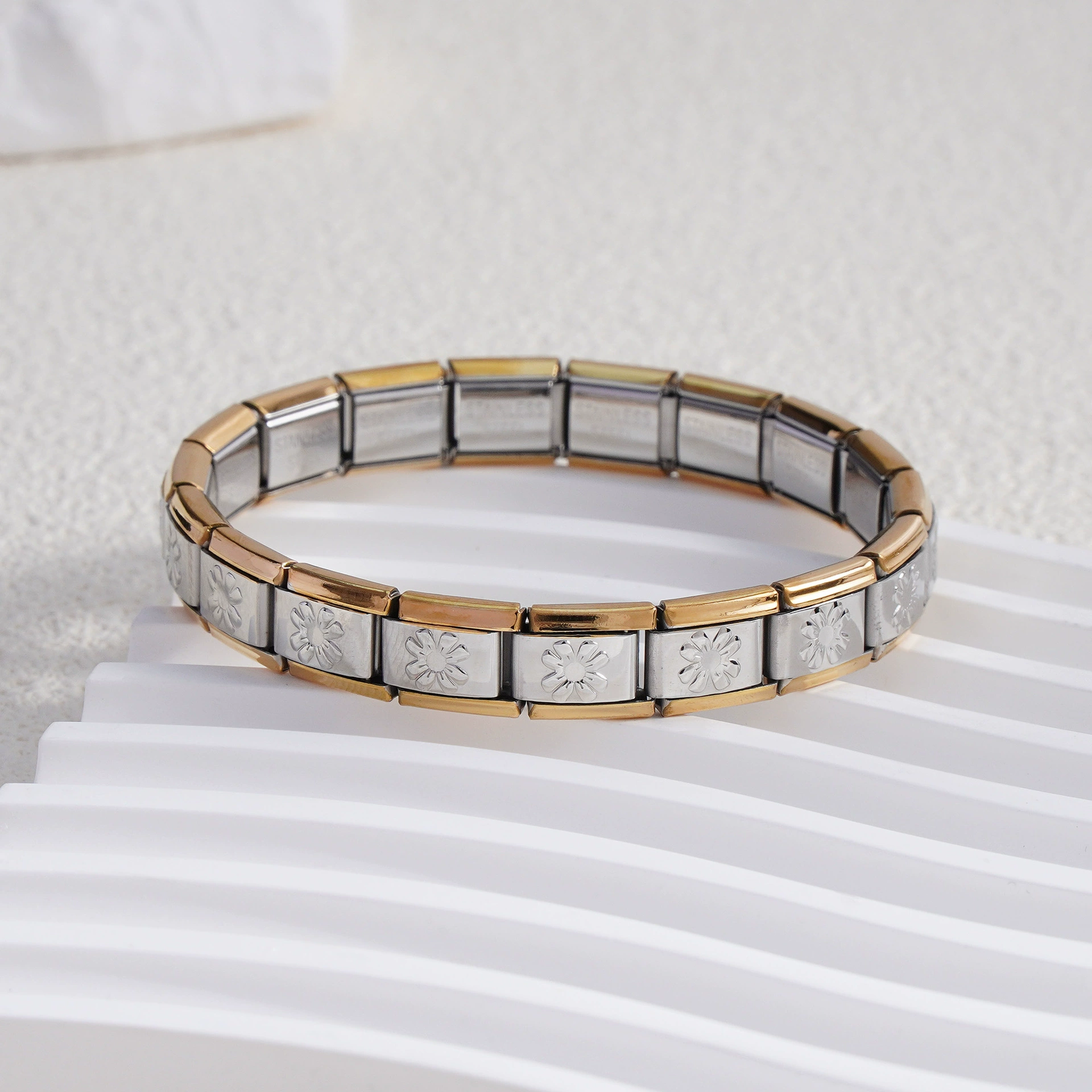 stainless steel bracelet, removable elastic link watch strap, italian european style, assorted charms