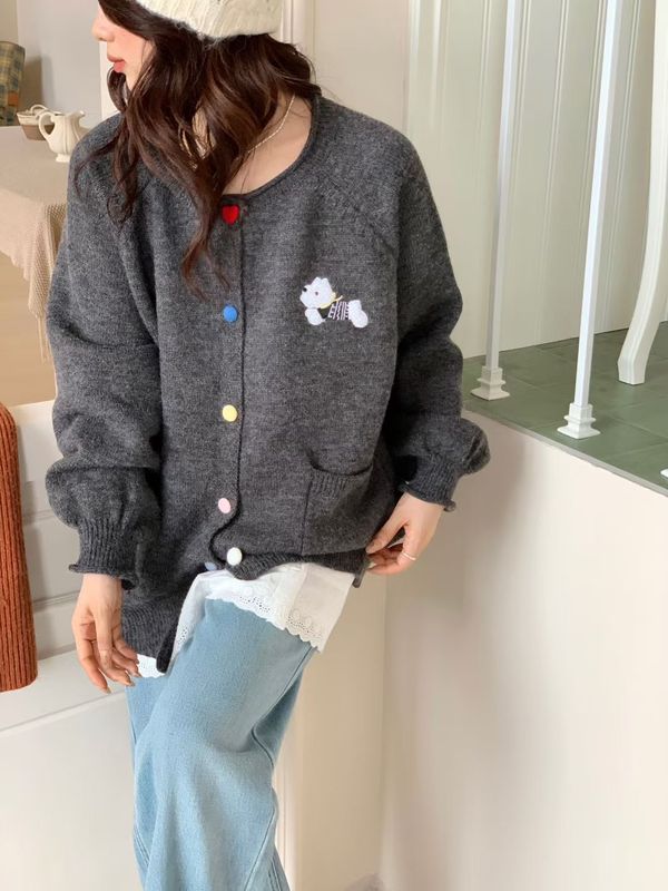 甜美彩扣卡通小狗刺绣针织开衫女2025秋冬新款宽松灯笼袖毛衣外套|undefined