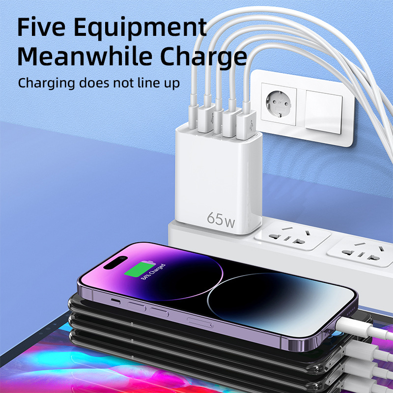 Europäisches Multi-Handy-Ladegerät mit Dual-Circuit-Schnellladekopf, 3USB+2C-Anschluss, amerikanischer Standard mit fünf Anschlüssen_voghion.com