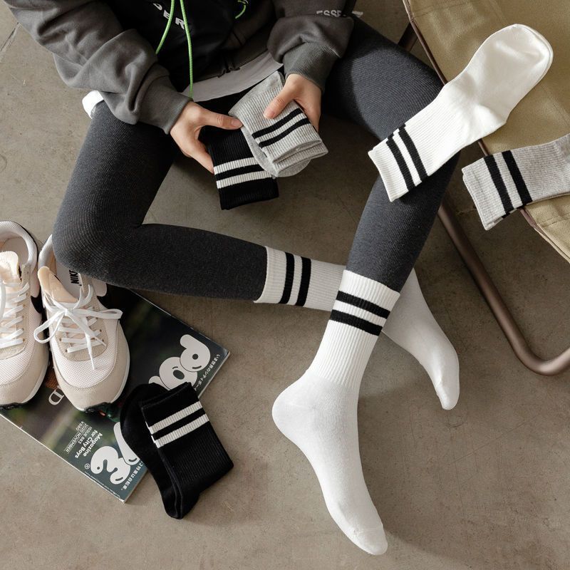 Shark Leggings Striped Sports Socks Ins Mid-Tube Sports Deodorant Spring and Autumn Japanese Style College Style Black and White Long Socks