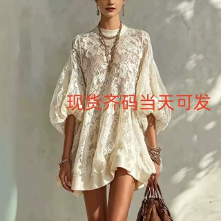 跨境外贸独立站亚马逊2026新款欧美休闲宽松沙滩度假罩衫蕾丝衫