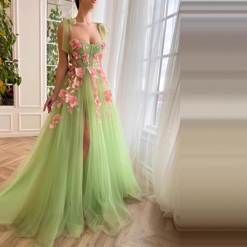 European and American Foreign Trade Flower Green Dress High Split Sling A- Line Dress Mesh Long Bridesmaid Dress Stage Performance Dress
