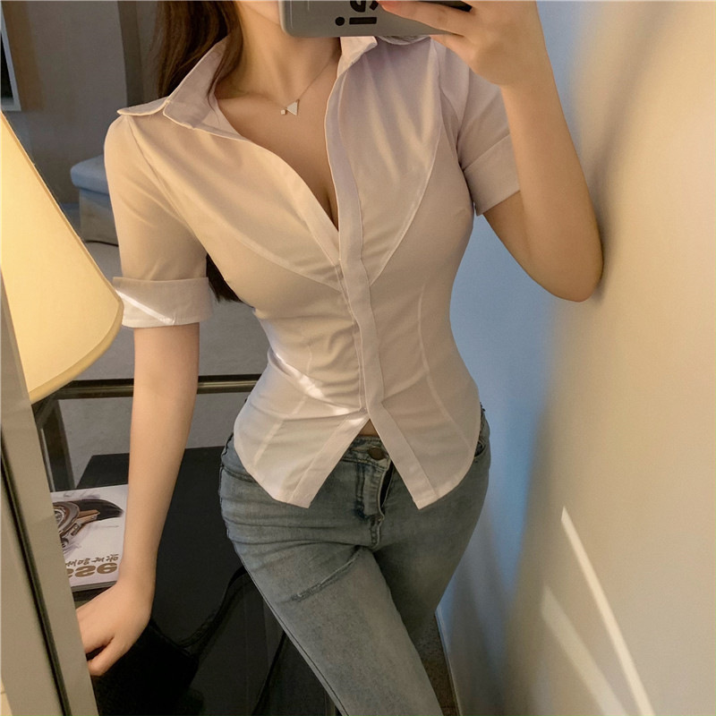 JK uniform white tight POLO collar low-cut sexy short-sleeved shirt women's summer ol slim fit professional workwear top