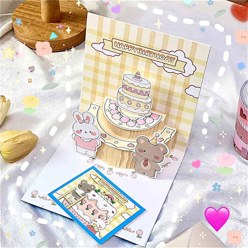Ins same style Korean style cute bear and bunny birthday cake cartoon commemorative three-dimensional greeting card birthday gift