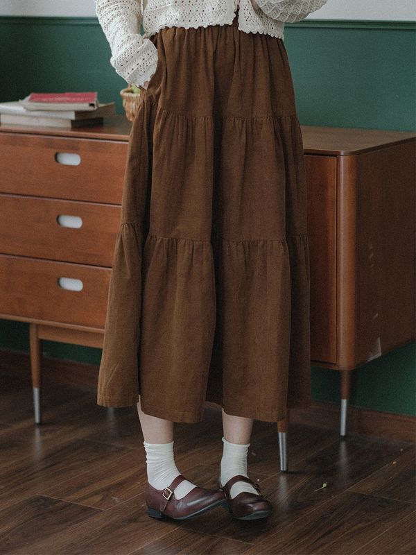 Autumn retro colored demi-season Japanese brown long skirt