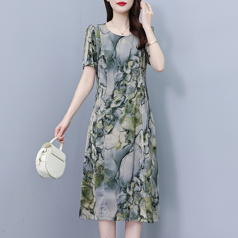 真丝桑蚕丝连衣裙女夏季新款高端香云纱显瘦大码宽松妈妈印花裙子|undefined