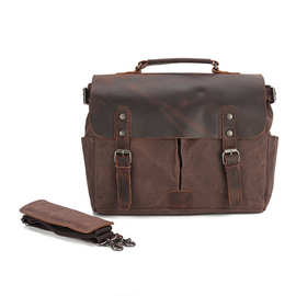 跨境男士邮差包复古油蜡帆布包配疯马皮男士单肩包公文包现货批发