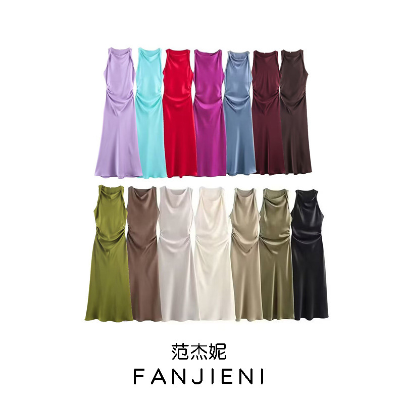 ZR foreign trade wholesale European and American style women's new fashion slim silk satin texture Midi dress 8372090 ZR foreign trade wholesale European and American style women's new fashion slim silk satin texture Midi dress 8372090