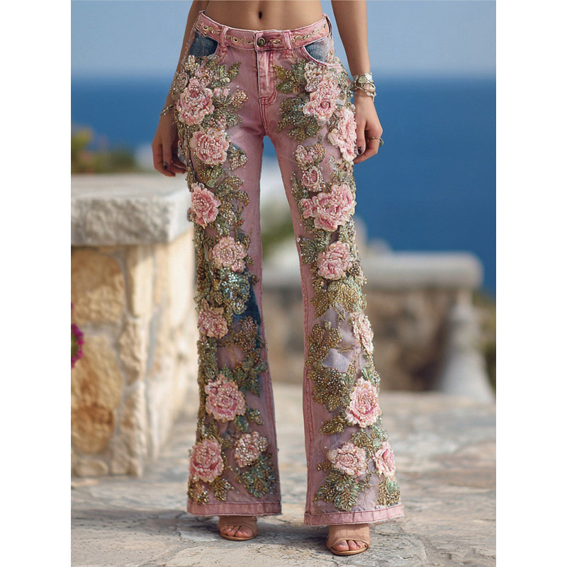 2026 Fall/Winter New European and American Cross-Border Independent Station 3D Digital Print Women's Fashion Slimming Denim Flare Pants 2026 Fall/Winter New European and American Cross-Border Independent Station 3D Digital Print Women's Fashion Slimming Denim Flare Pants
