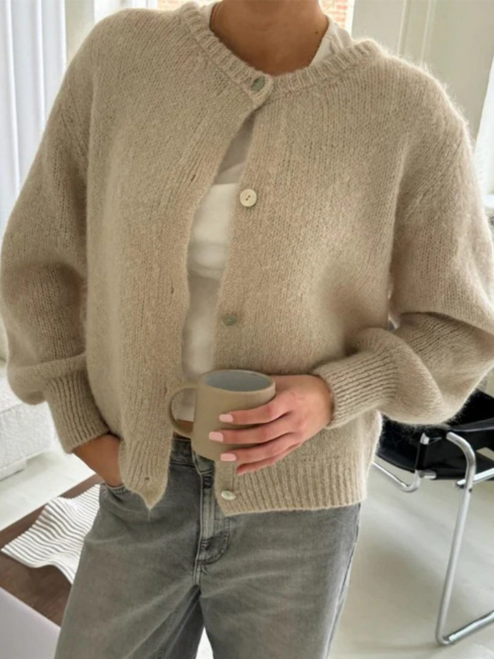 Áo cardigan len dệt kim dáng mỏng nhẹ cài nút một hàng, tay dài cổ tròn nữ — hoa hồng đỏ, màu be, màu cam, màu hoa cà chi tiết 120