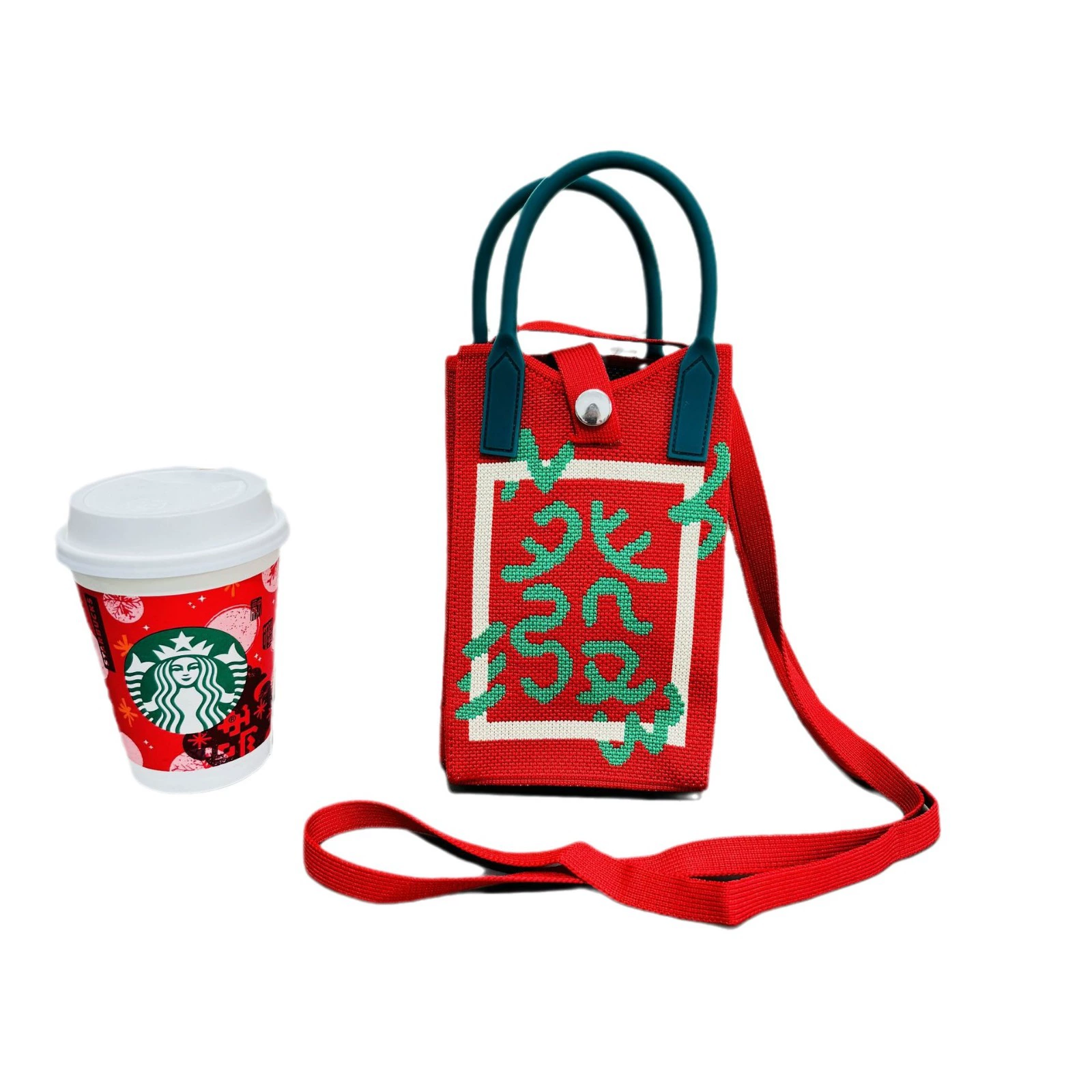Universal capacious knitted shoulder bag, red festive gift box, purse