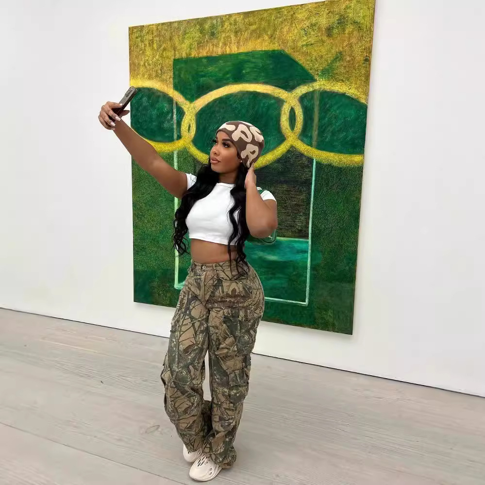 Vêtements pour femmes 2024 nouveau pantalon camouflage sexy ample décontracté à poches zippées_voghion.com