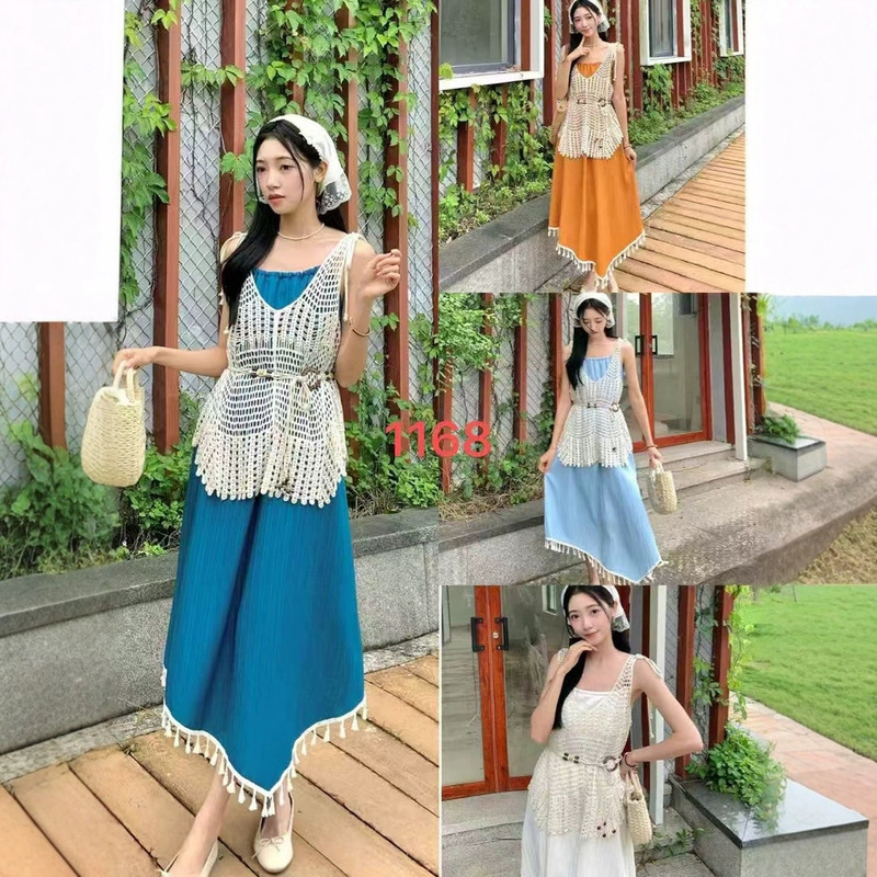 Crochet V-Neck Knitwear, New Summer Style, Tassel Suspender Skirt, Three-Piece Set, Sleeveless Korean-Style Top, Women's Vest