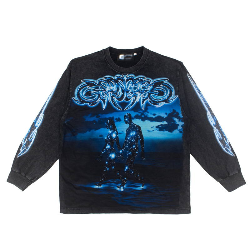 2026 Cross-border American High Street Retro Washed Heavy Metal Fluorescent Dots Skull Distressed Loose Long Sleeve T-Shirt TEE