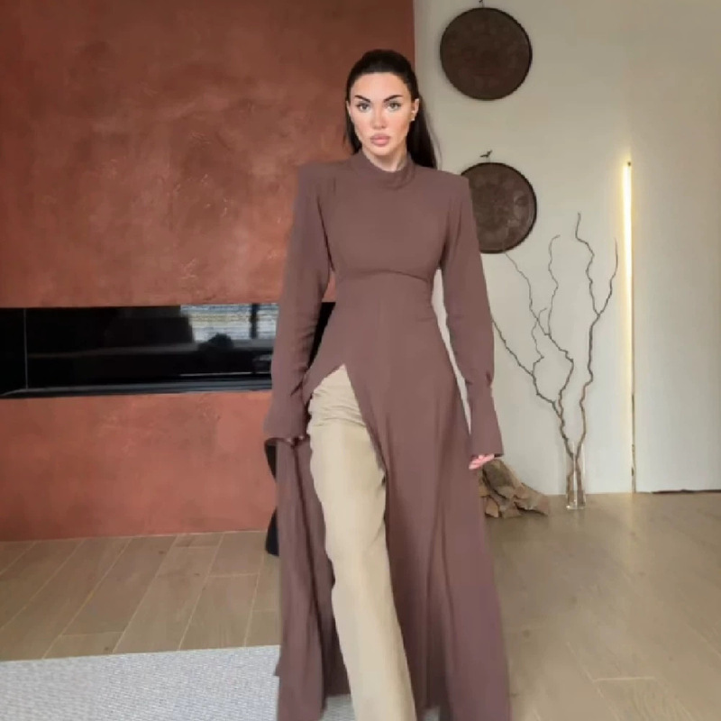 High-Neck, Waist-Cinching, Slit Long Shirt, Slim-Fit, Slimming Long-Sleeve Top, New Foreign Trade Women's Fashion, Summer Style, Figure-Flattering Long Sleeves