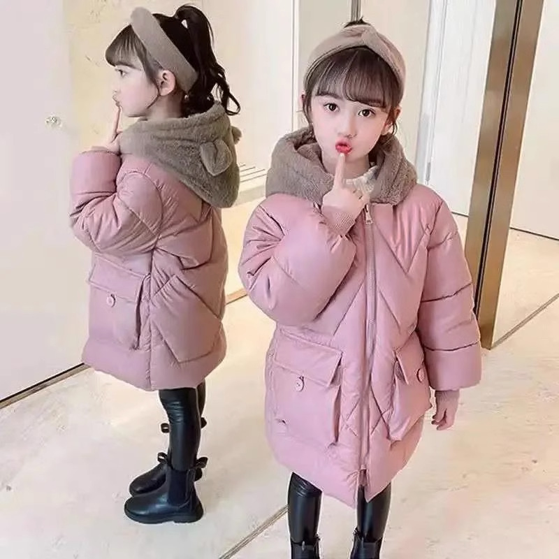 Mit Baumwolle verdicktes Winteroutfit für Mädchen, 2023 neue mittelgroße bis große Kinder-Daunenjacke, süße Mitte_voghion.com