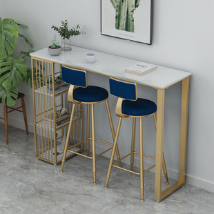 Trendy Marble Bar Table and Chairs for Home Balcony, Small Bar Counter with Gold Wall Side, Long High Bar Table