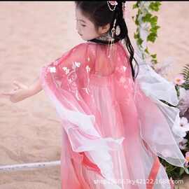 2026新款女童汉服小桃花渐变粉大袖刺绣连衣裙 儿童国风仙气唐装