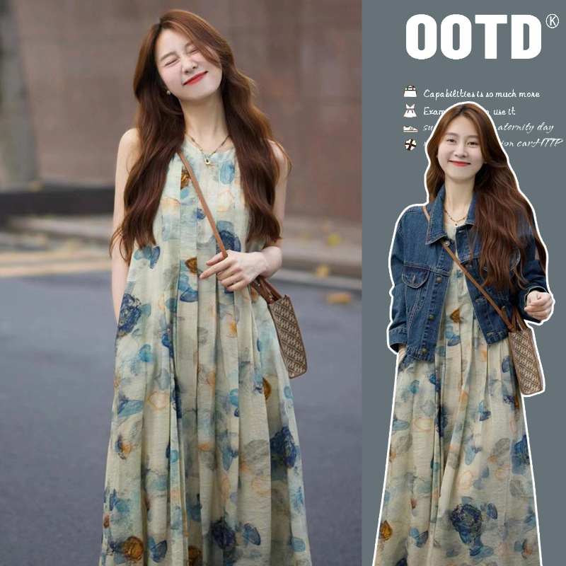 Maternity Wear 2025 Autum New Korean Style Ink Painting Vest Dress Denim Jacket 2-Piece Set Maternity Dress