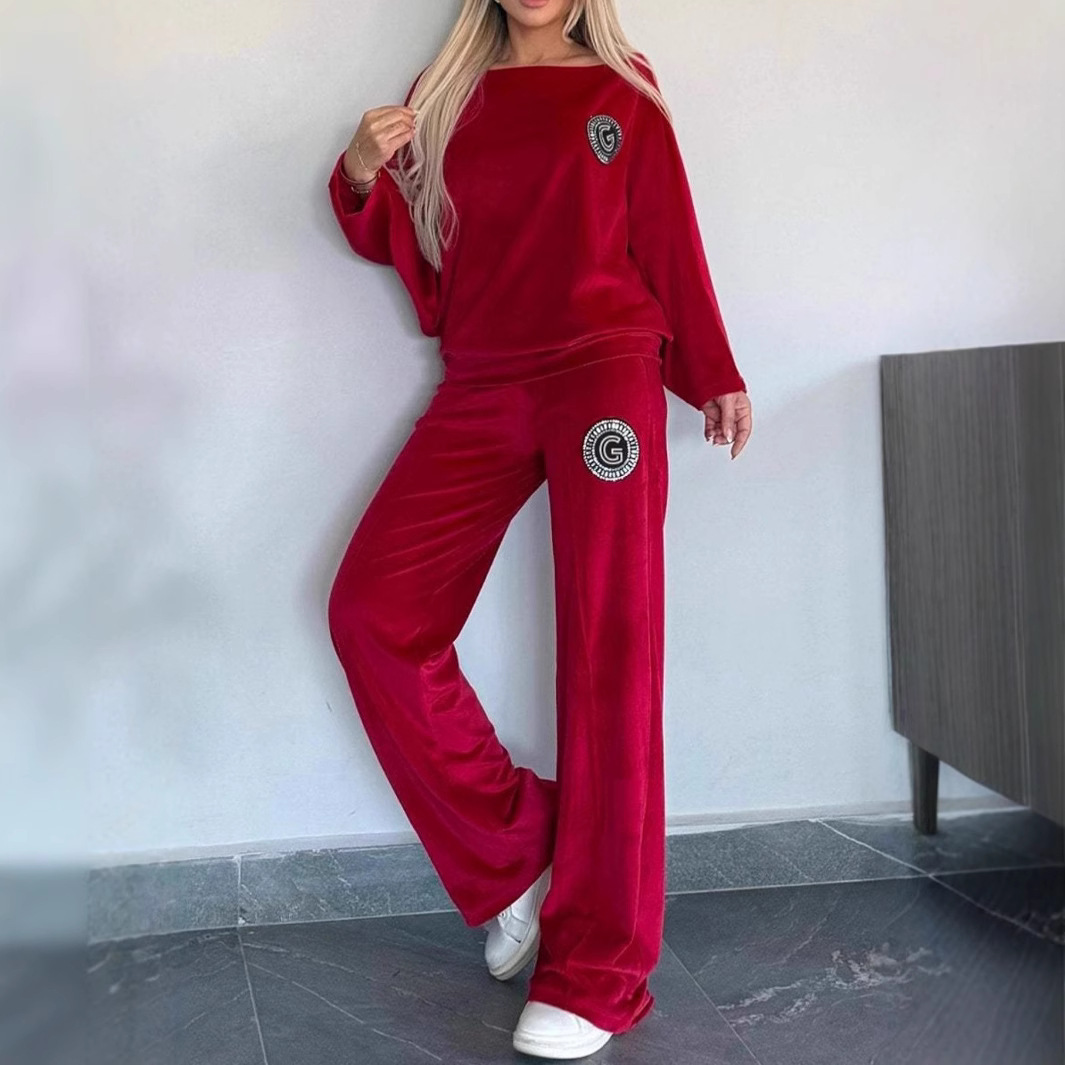 Abbigliamento da donna Primavera e autunno Velluto dorato tinta unita girocollo manica a pipistrello casual due pezzi vestito per le donne_voghion.com