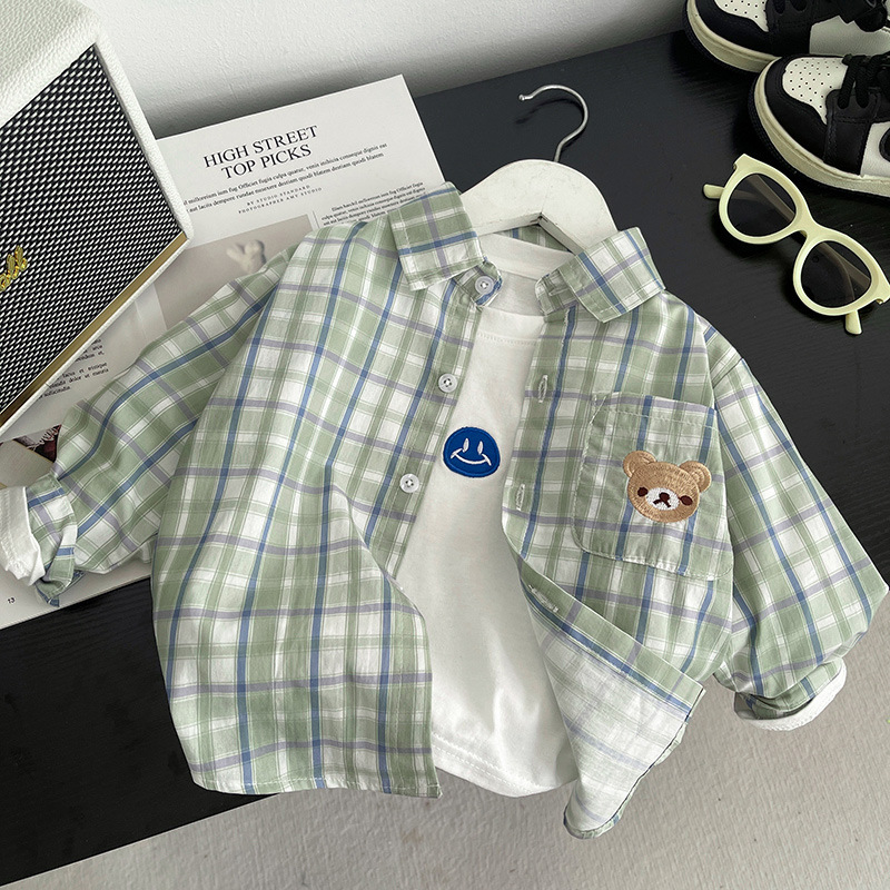 Camisas a cuadros de mangas largas para niños delgadas camisas de dibujos animados frescas bebés primavera y otoño con solapa ropa infantil coreana abrigo