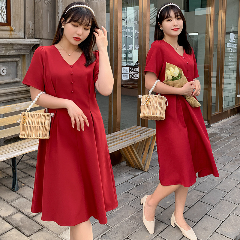 200斤胖mm设计感裙子夏季a字裙遮肚子显瘦大码女装V领连衣裙2720|ms