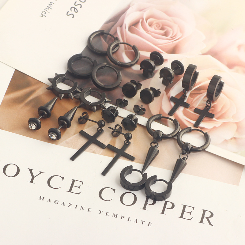 12 Pair Black Stainless Steel Cross Dumbbell Earrings Set - Cartilage Hoops for Men Women detail image 11