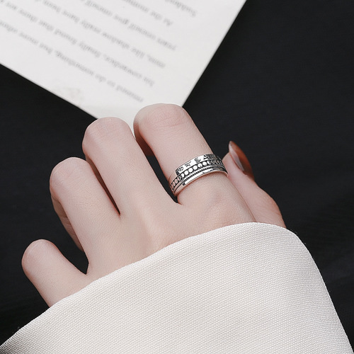 Yunchaoxuan S925 sterling silver retro distressed Sanskrit six-character mantra creative multi-layered texture design open ring