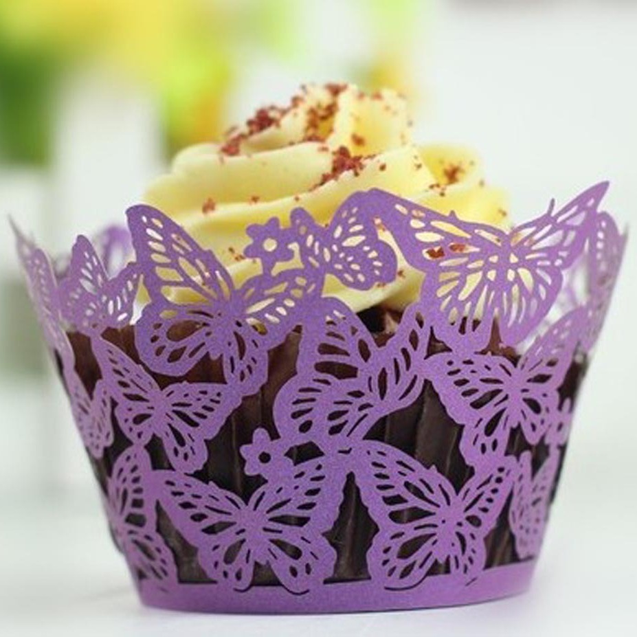 Amazon láser hueco mariposa taza de papel reflectante de oro pastel borde taza pastel hornear encaje en stock