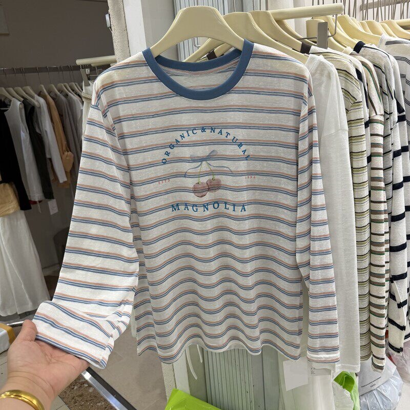 Korean Summer New Style Loose Fashion Design Color-Blocking Striped Cherry Print Thin Sunscreen T-Shirt for Women