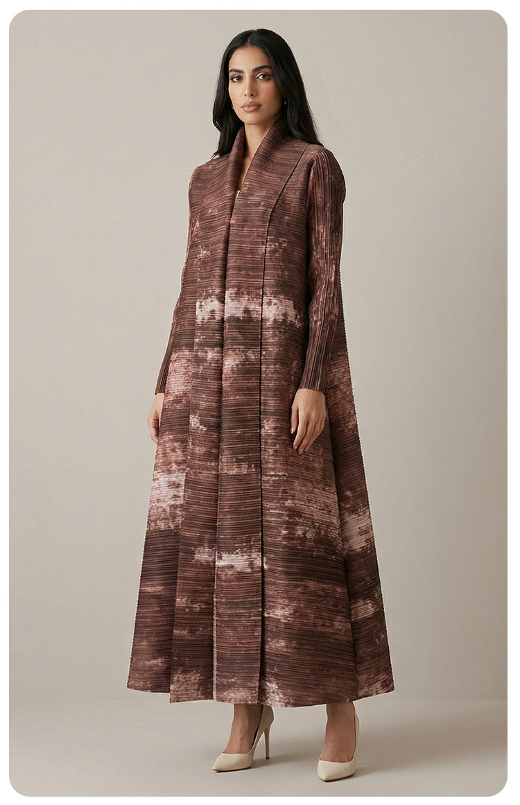 Miyake Cross-Border Foreign Trade Middle Eastern Best-Selling Autumn Muslim Robe Cape Printed Women's Arabic Tie-Waist_ecoleips.com