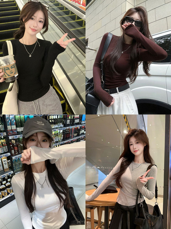 韩系正肩修身长袖T恤女2025秋季新款掐腰短款显瘦纯色女装ins上衣|undefined