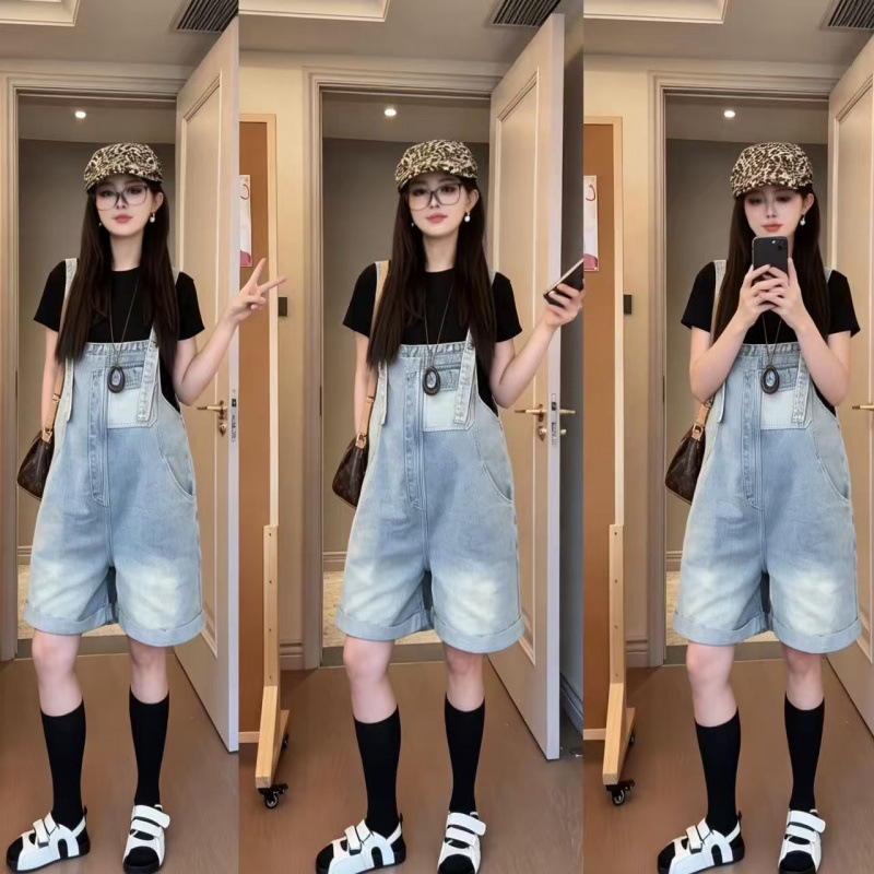 2026 New Style Maternity Denim Overalls Shorts + Short-Sleeve Top Maternity Overalls Set