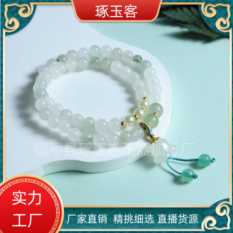新疆金丝玉天山翠手链男女款冰种飘花翡翠色多圈手串项链直播货源