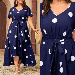 in stock Middle East plus size New Women's Fashion Wave Dot Printing Commuter Ruffled Stitching V-neck Large dress