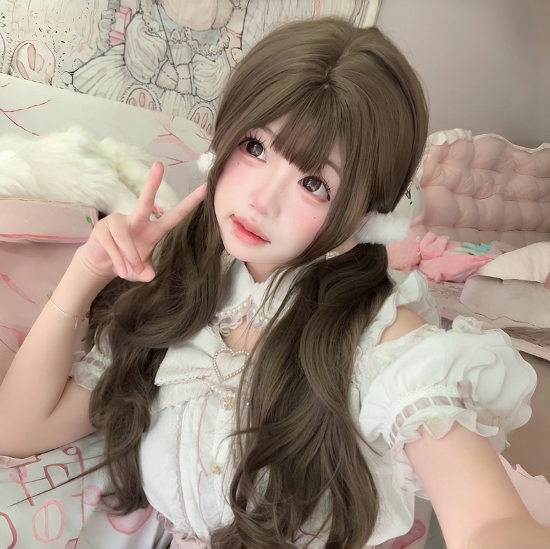 Fun cute girl wig women's long hair Lolita long curly hair hazelnut gray brown little rose wig women's full head cover