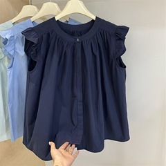 デザイン感が甘くて小さい子供のシャツの飛袖の純色の丸首のシャツの女性の夏の小さい大衆の袖なしの独特な上着の女性