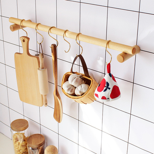 Kitchen hanging rod hook rack no punching beech wall hanging storage rack spatula rag spoon kitchen utensil storage rack