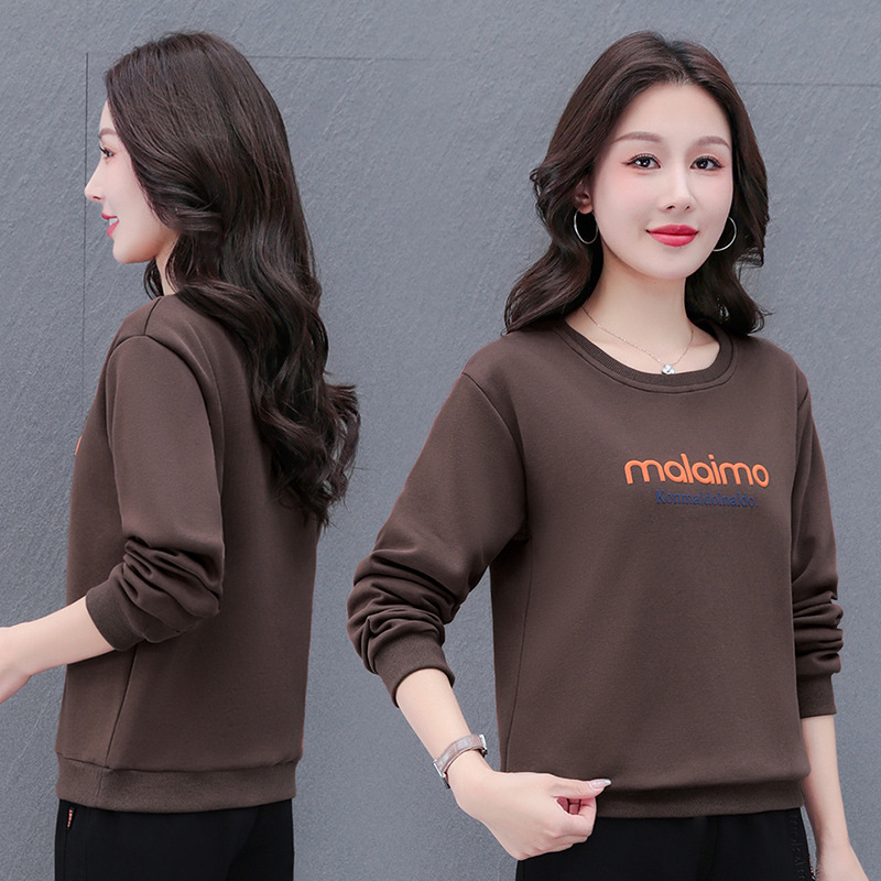 High Cotton Round Neck Sweatshirt for Middle-Aged Mothers, Long-Sleeved Pullover T-Shirt for Women, Spring & Fall New Loose Flesh-Covering Bottoming Shirt for Outer Wear