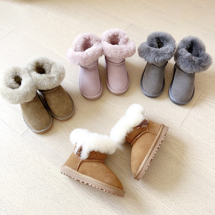JDUUGG children's snow boots Women's genuine leather fleece-lined thick warm snow cotton horn buckle short wool mouth girls' boots