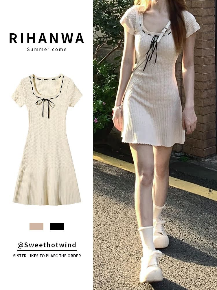 Cute summer dress, fitted elegant skirt, french style, square neckline