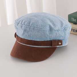 韩版ins牛仔平顶报童帽子女麂皮拼色复古八角帽百搭贝雷帽画家帽