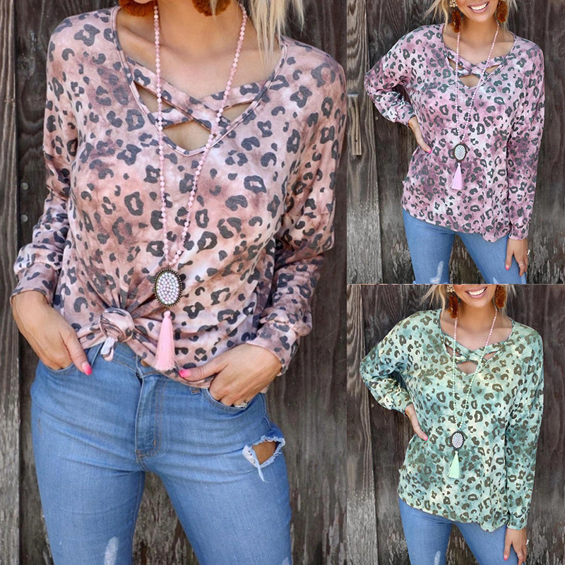 leopard print long-sleeved V-neck T-shirt nihaostyles clothing wholesale NSZH83680