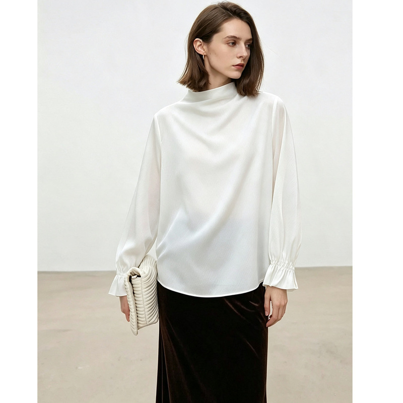 French-style light luxury cupro silk shirt for women, 2026 autumn new women's top, high-end half-high collar clothing French-style light luxury cupro silk shirt for women, 2026 autumn new women's top, high-end half-high collar clothing