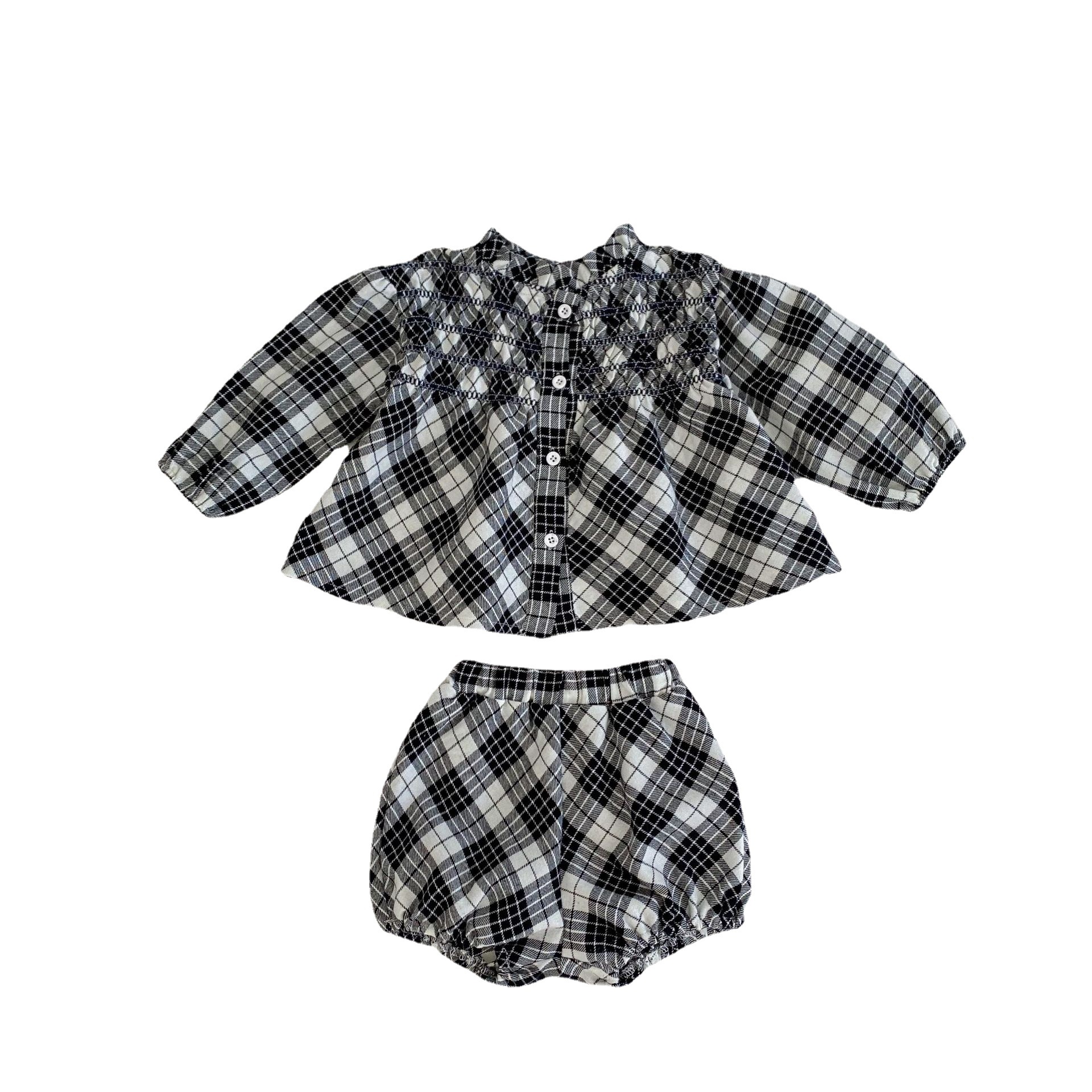 2024 Herbst/Winter Neue Baumwolle Weibliche Baby Karierten Langarm Top Strickjacke + Hose zweiteiliges Set_voghion.com